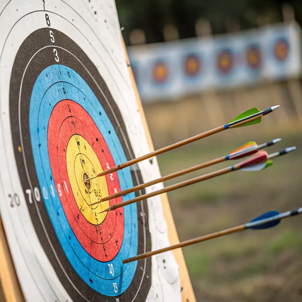 Archery target in focus with arrows